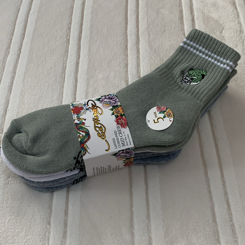 Ed Hardy Ladies Cushioned Mid Crew 5 Pair Socks Olive White Gray Size 4-10